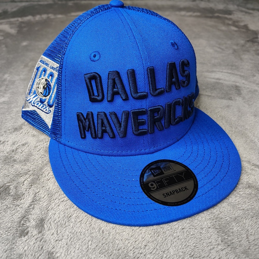 New Era Dallas Mavericks NBA Stacked Script Trucker Mesh 9Fifty Snapback Hat Cap